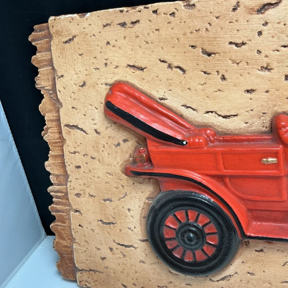 Vintage Large 18x9 Chalkware Classic Car Wall Plaque 3D Relief Retro 1960s 1970s